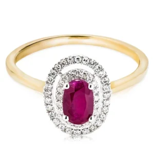 Złoty pierścionek 585 z rubinem 0,7ct  i diamentami 0,15ct