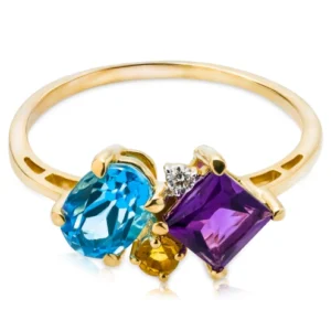 Złoty pierścionek 585 z niebieskim Topazem, Ametystem, Cytrynem i diamentem 0,022ct