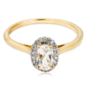 Złoty pierścionek 585 z owalnym topazem i diamentami 0,07ct