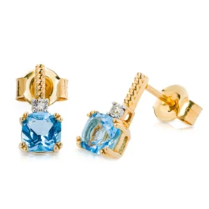 Złote kolczyki 585 z niebieskim topazem 1,15ct i diamentami 0,01ct